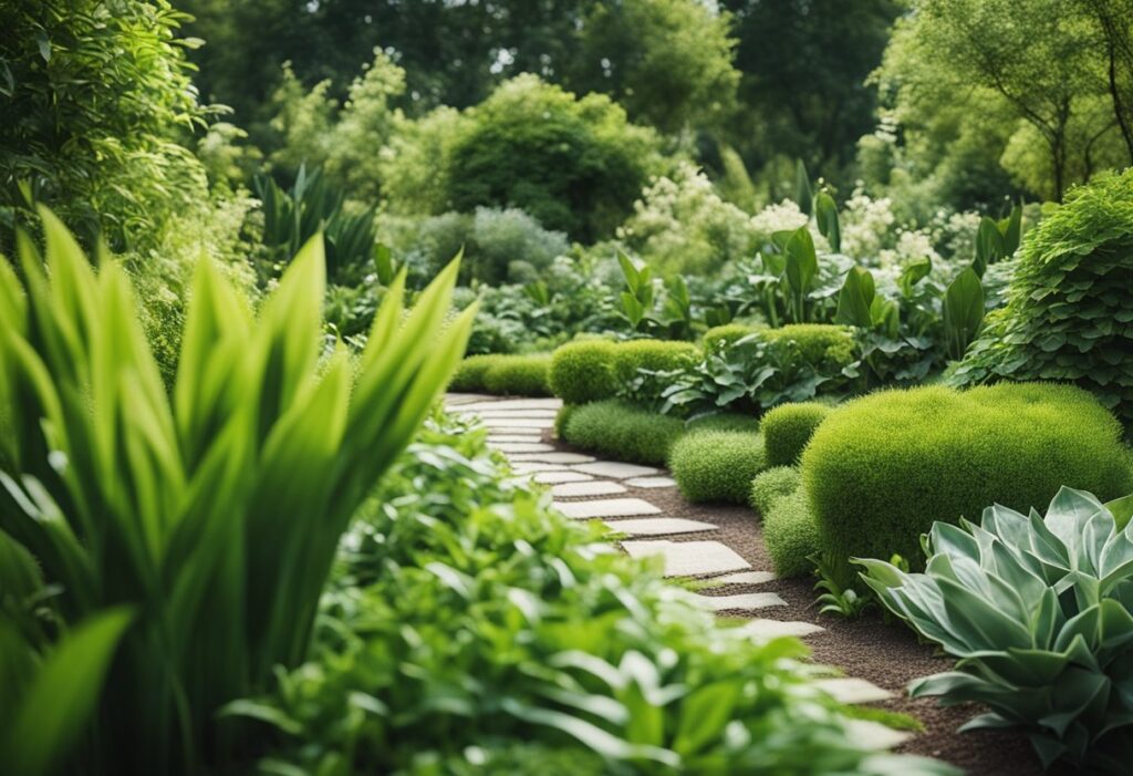 Lush garden pathway with vibrant greenery and plants.