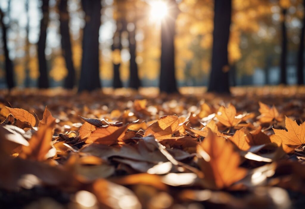 Sunlit autumn leaves on forest floor.