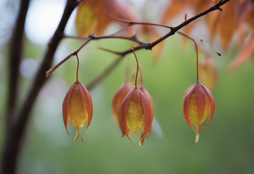 Autumn leaves hanging on branch, shallow depth of field.