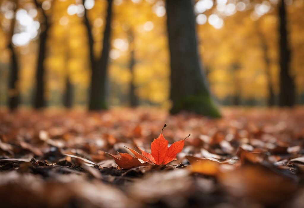 Autumn leaves on forest floor, single red leaf highlighted.