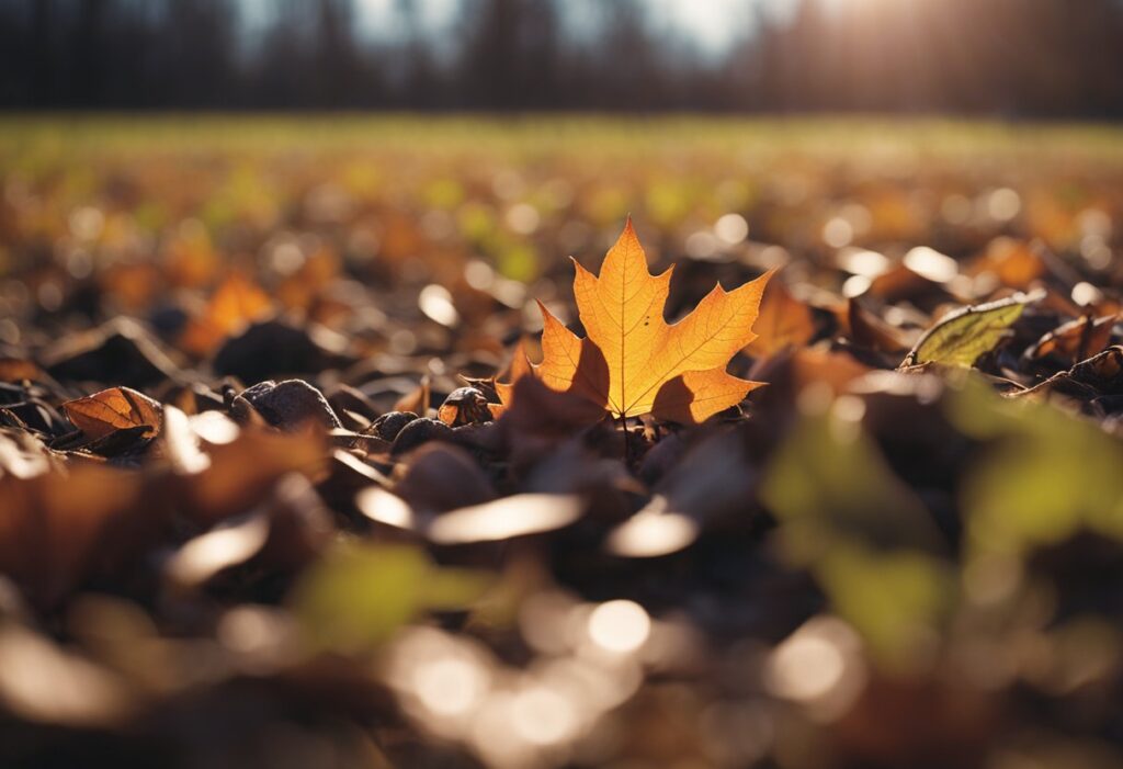 Orange autumn leaf on sunlit ground.
