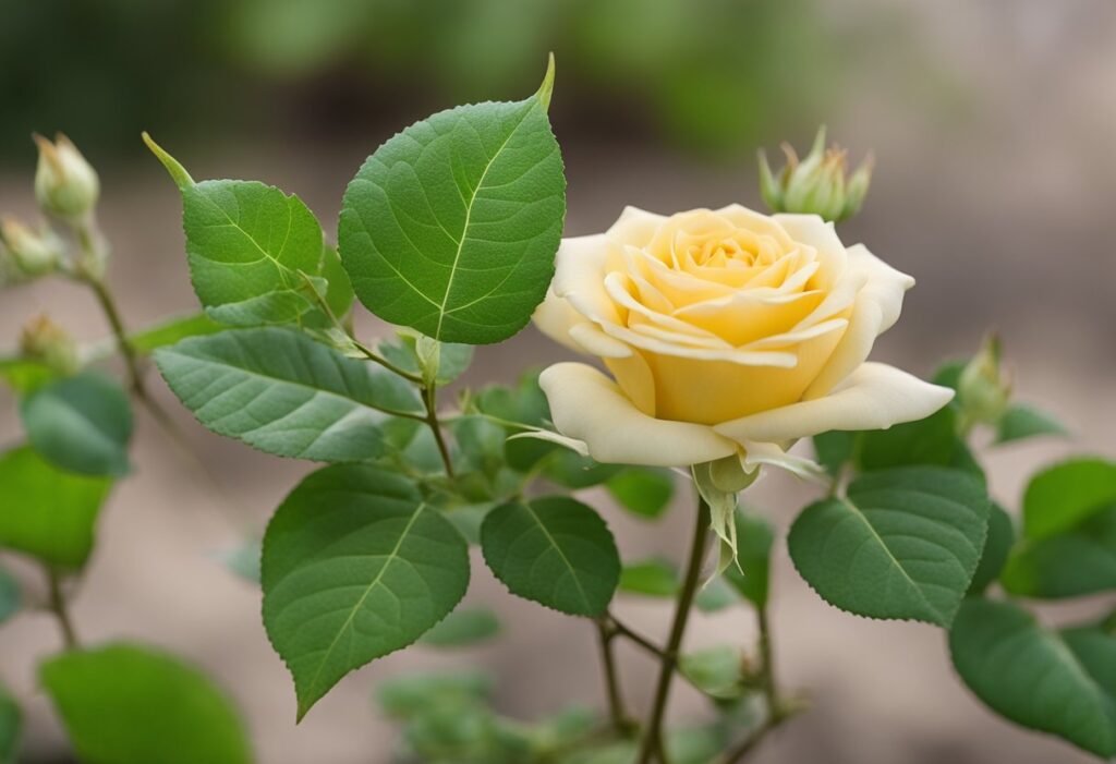 Yellow rose with fresh green leaves, close-up.