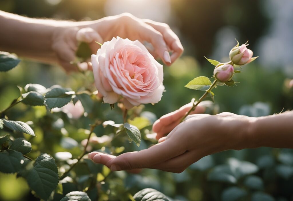 Hands nurturing a blooming pink rose in sunlight.