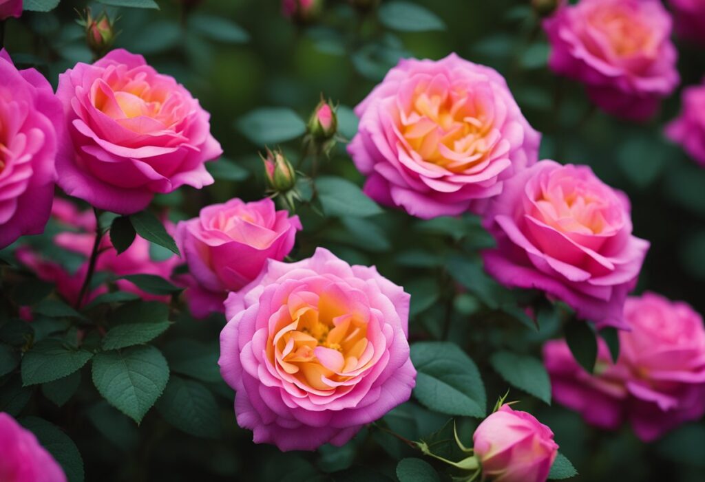 Vibrant pink roses blooming in garden.