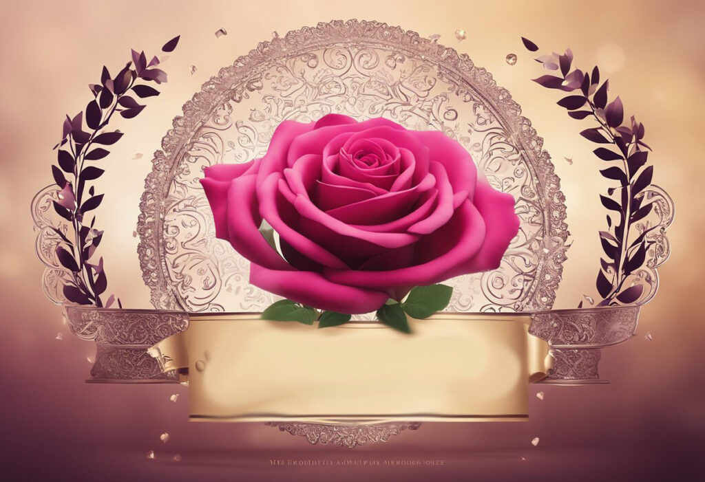 Elegant pink rose with decorative silver frame and leaves.