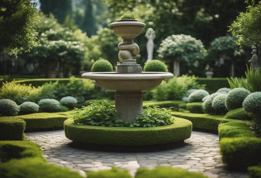 Elegant garden fountain surrounded by manicured greenery and statues.