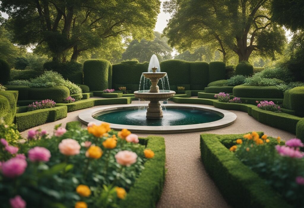 Elegant garden with fountain and symmetric hedge design.
