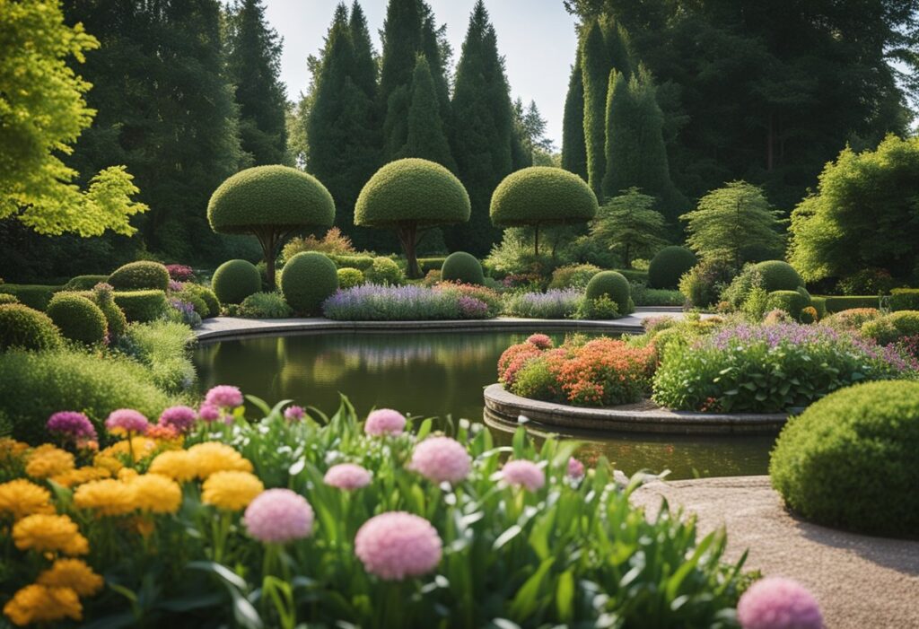 Lush topiary garden with vibrant flowers and serene pond.