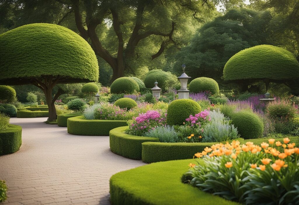 Lush, manicured garden with topiary and blooming flowers.